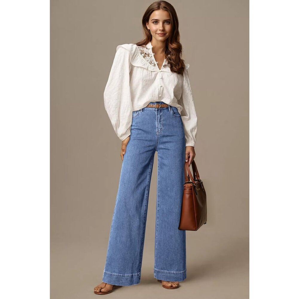Women's Myosotis Waisted Wide Leg Denim Jeans Stretchy Loose Pants with Pockets - Picture 2 of 6